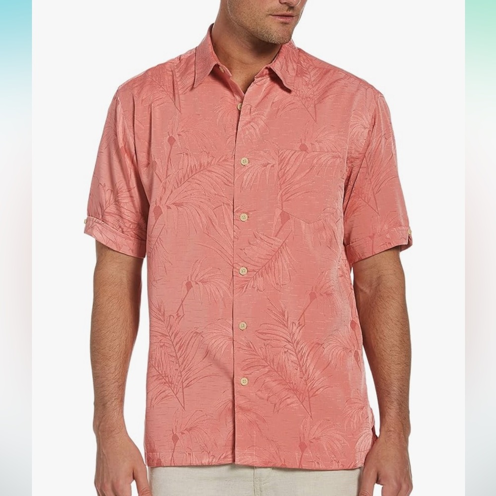 Cubavera Men's Coral Pink Short Sleeve Tropical Button-Down Shirt